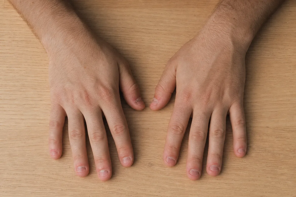 Mains aux ongles courts rongés posées à plat sur une table en bois clair