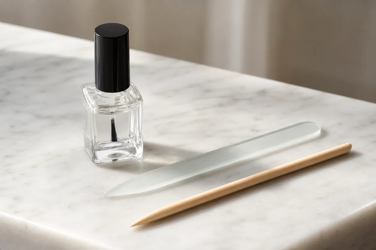 Flacon de vernis transparent et lime en verre disposés sur un plan de travail clair