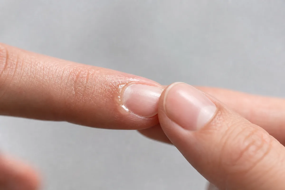 Contour d’ongle massé avec une huile de soin, lumière naturelle douce