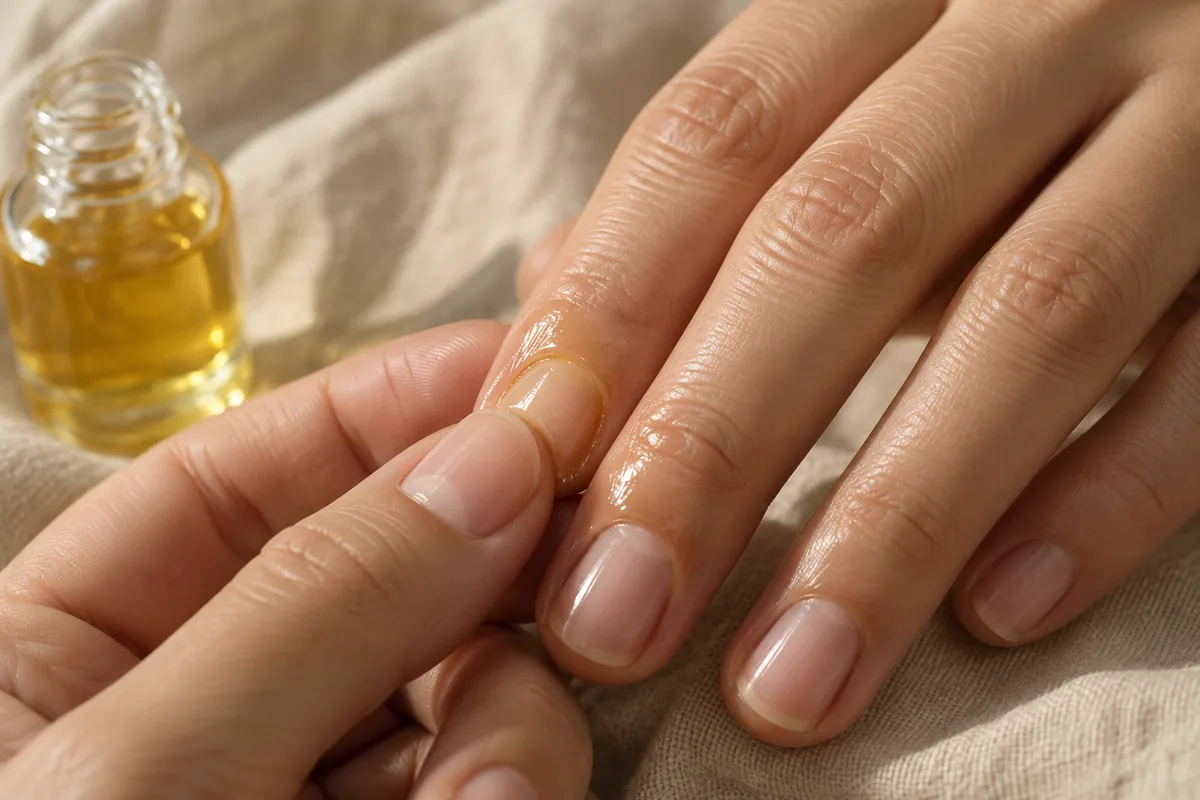 Goutte d’huile dorée massée sur le pourtour d’un ongle, fond en lin clair