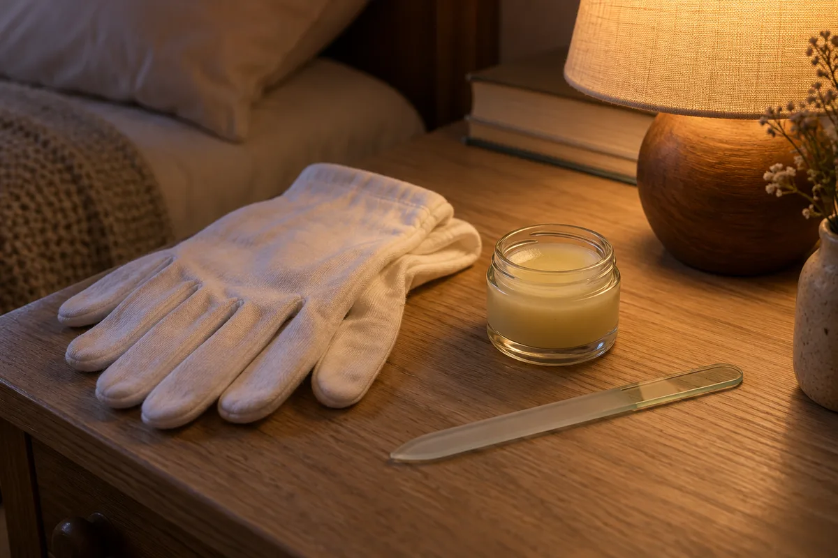Gants en coton blanc, pot de baume et lime en verre posés sur une table de chevet