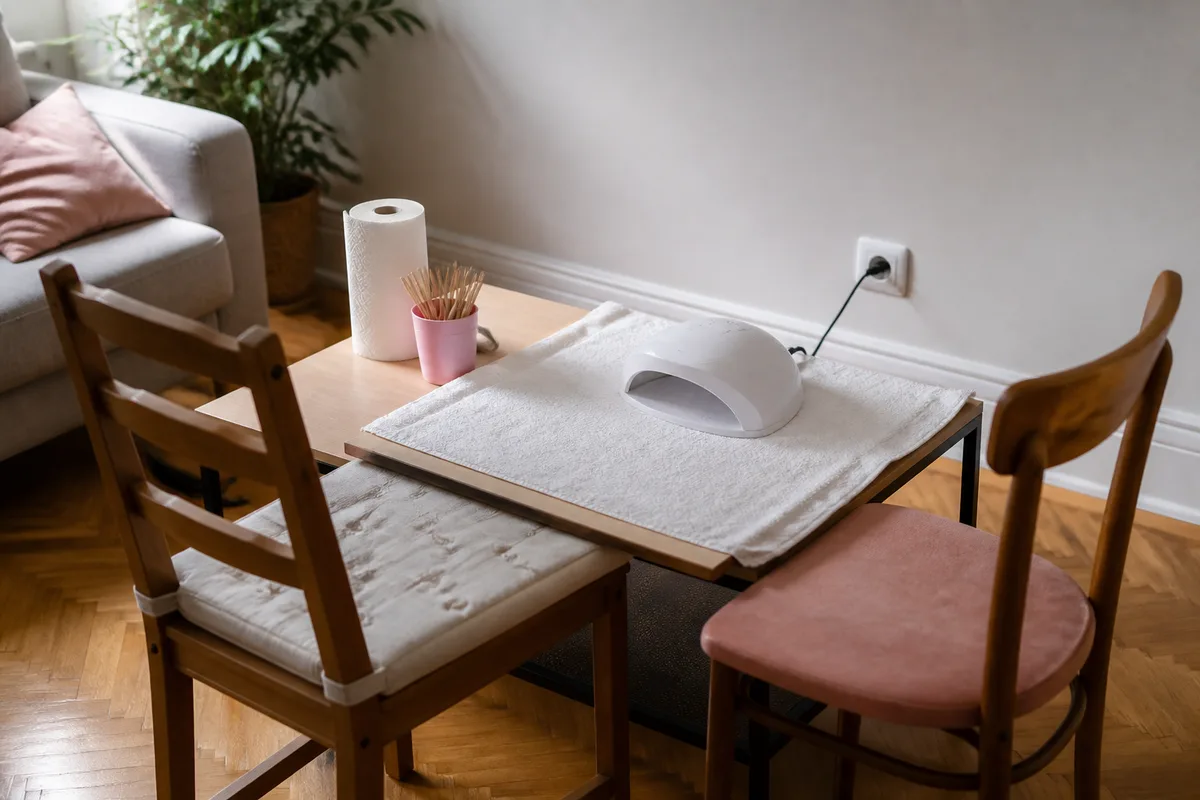 Table de manucure mobile installée dans un salon lumineux