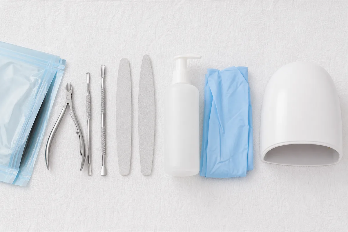 Instruments de manucure désinfectés et lampe de polymérisation posés sur une serviette