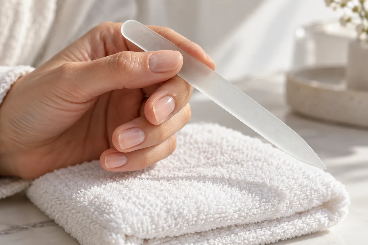 Main tenant une lime en verre unie au dessus d une serviette blanche, ongles naturels laissés nus
