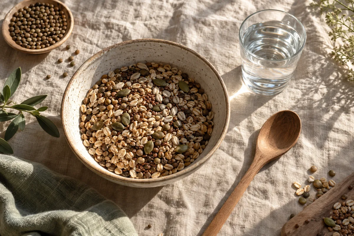 Bol de céréales complètes, lentilles et un verre d eau minérale sur une table en lin