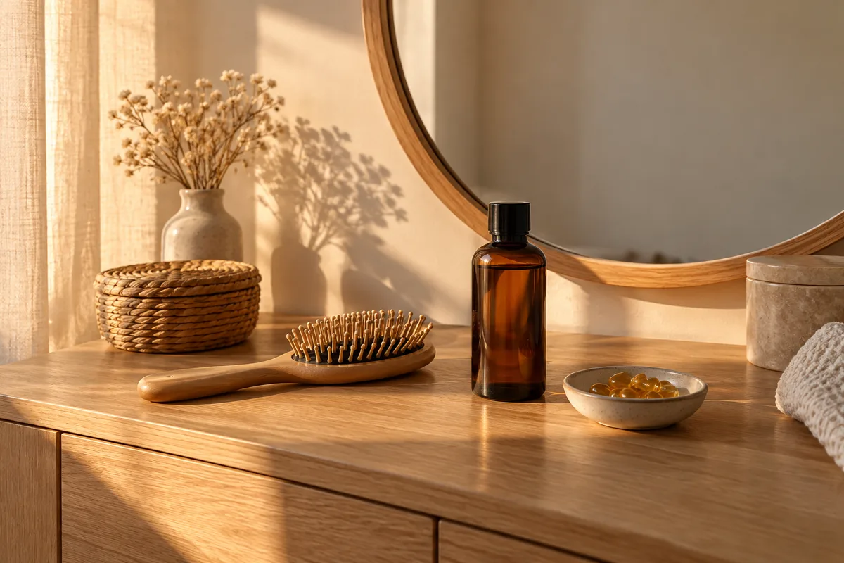 Coiffeuse épurée avec brosse en bois, flacon d huile en verre ambré et coupelle de gélules