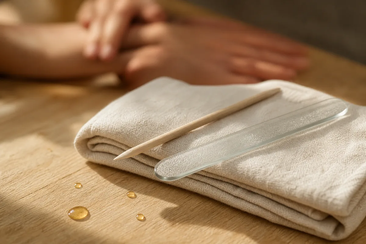 Bâtonnet de buis et lime en verre posés sur une serviette écrue, mains cadrées de dos en arrière-plan flou
